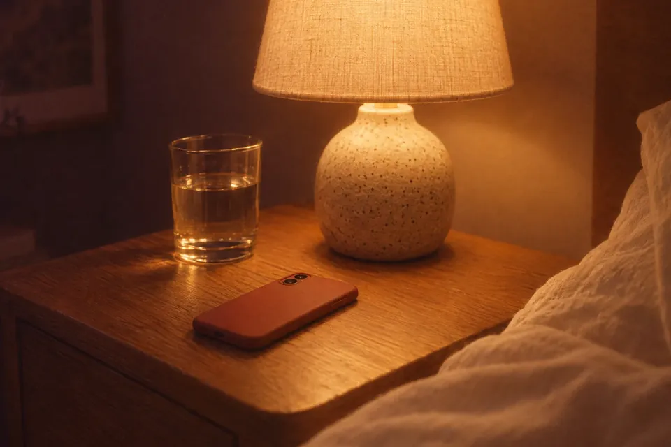 A phone lying face-down on a wooden nightstand beside a glass of water, under a warm lamp.