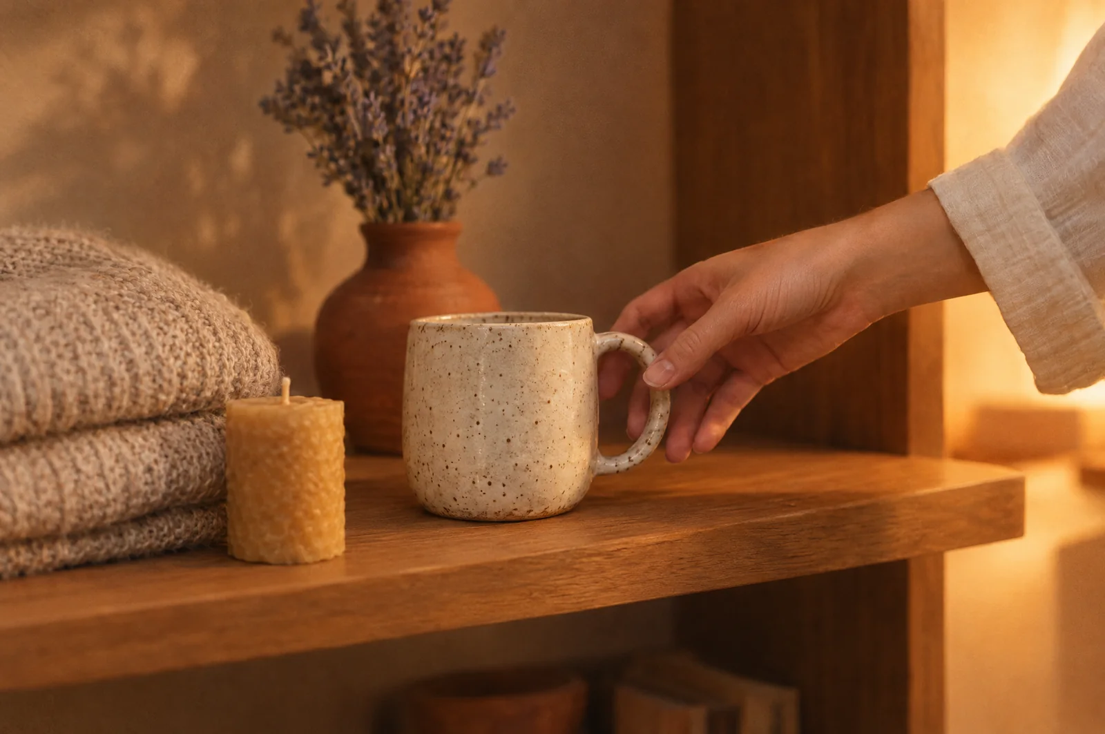 A hand setting a speckled mug back on a wooden shelf.